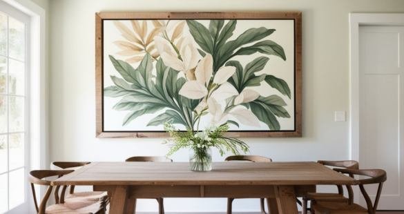 Statement Oversized Botanical Art A bright dining area showcasing an oversized botanical print with soft green and beige tones, framed in reclaimed wood. The artwork is positioned as a focal point above a long, wooden farmhouse table with rustic chairs. 