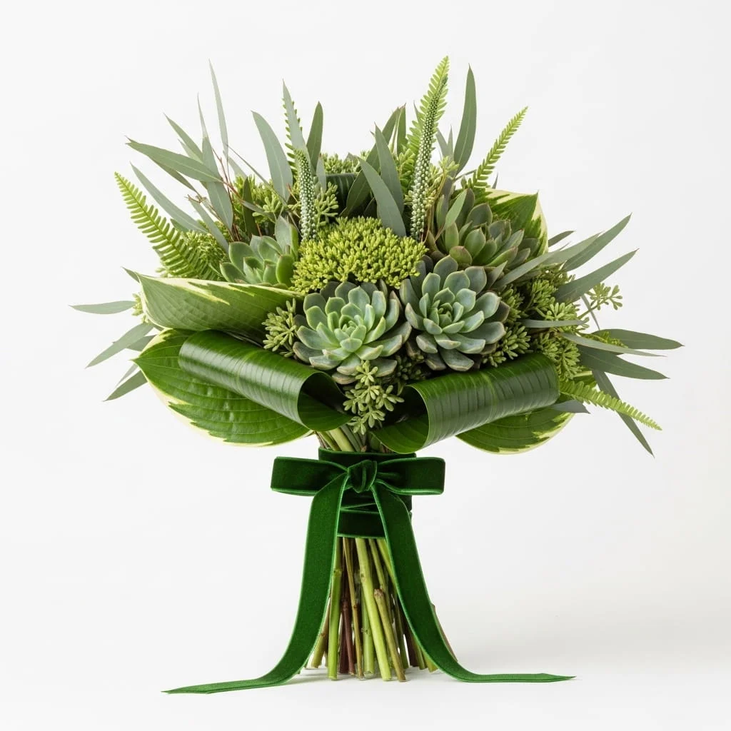 Architectural all green botanical zen bouquet with eucalyptus fern hosta and succulents for modern weddings