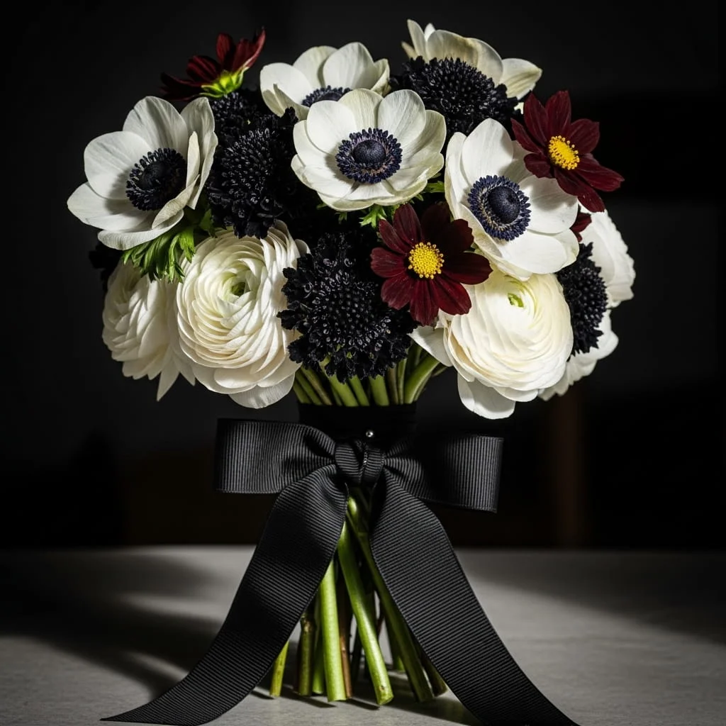 High contrast black and white zen bouquet with anemones dark cosmos and scabiosa buds for modern weddings