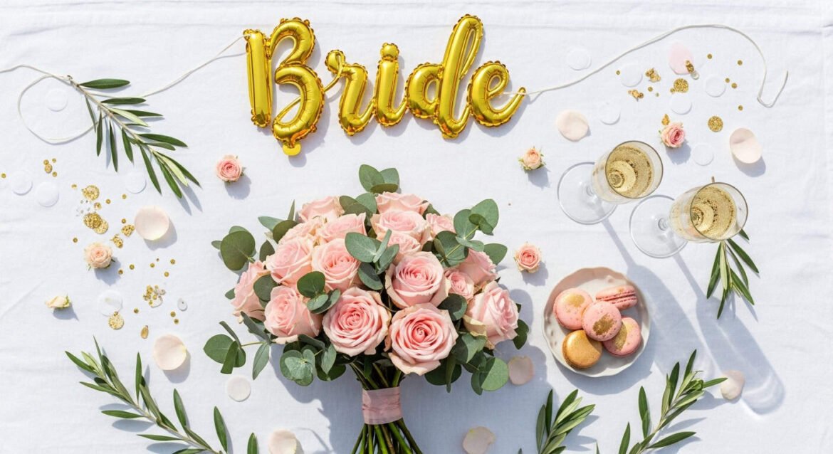 22 creative bridal shower themes styled flat lay with roses, champagne, and macarons