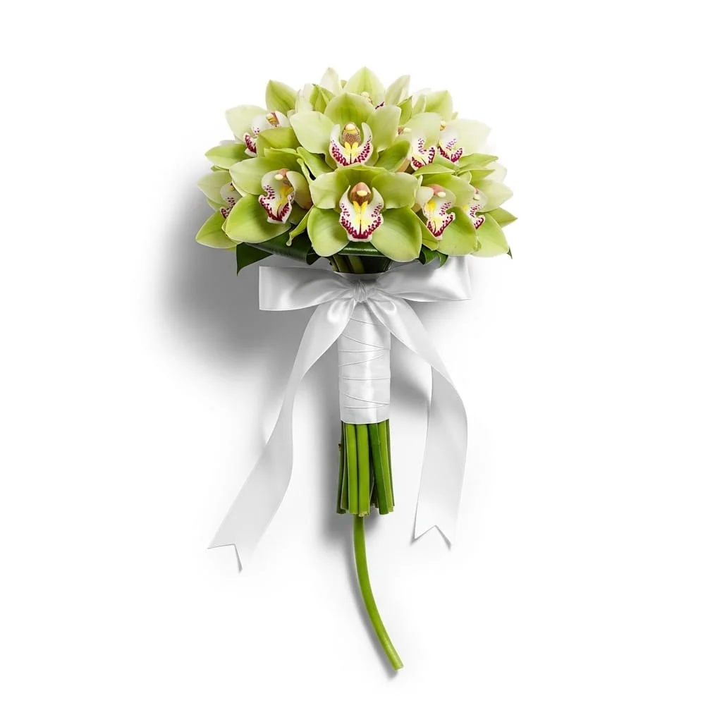 Sleek green and white cymbidium orchid zen bouquet with trailing stem for modern brides