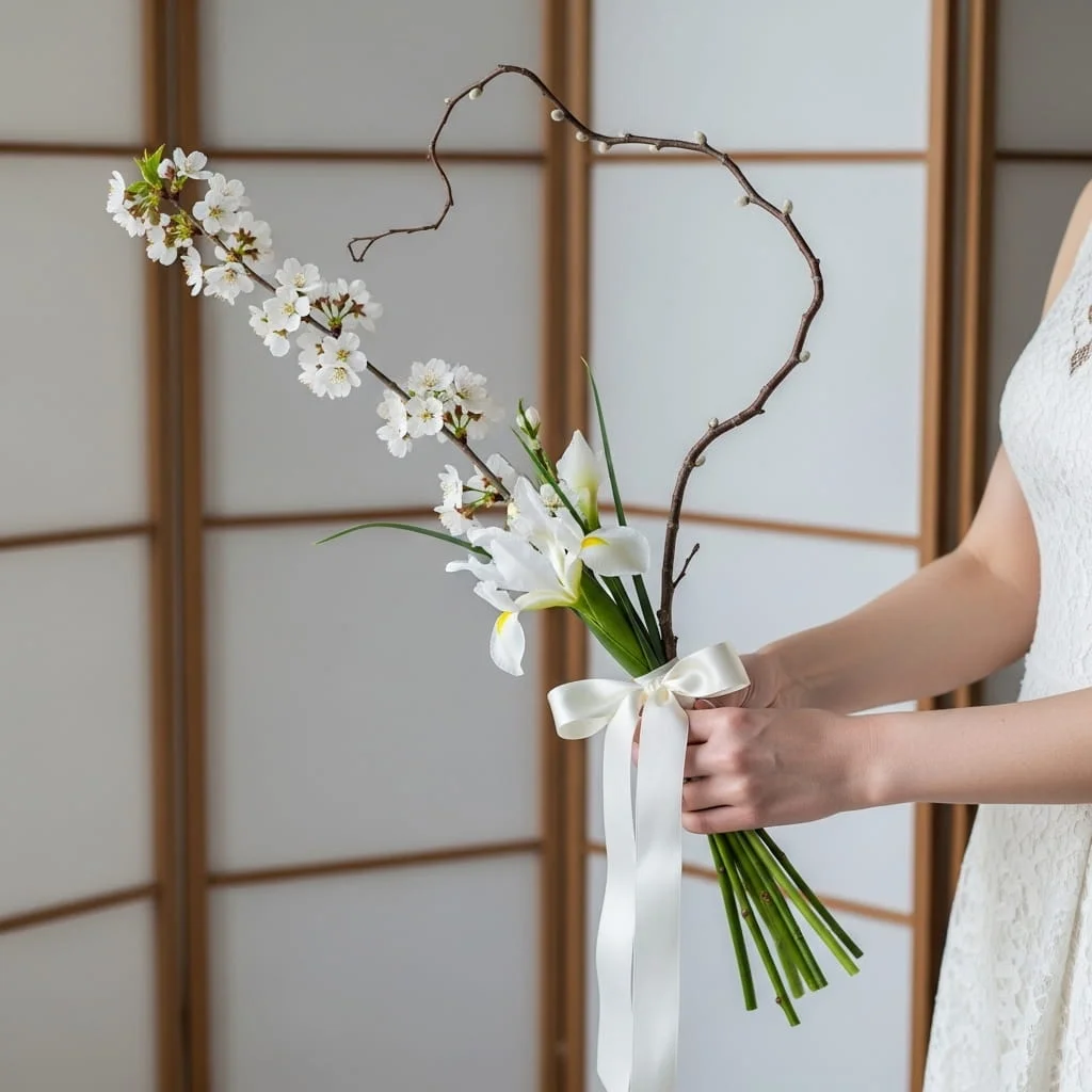 Japanese ikebana inspired zen bridal bouquet with cherry blossom white iris and willow branch