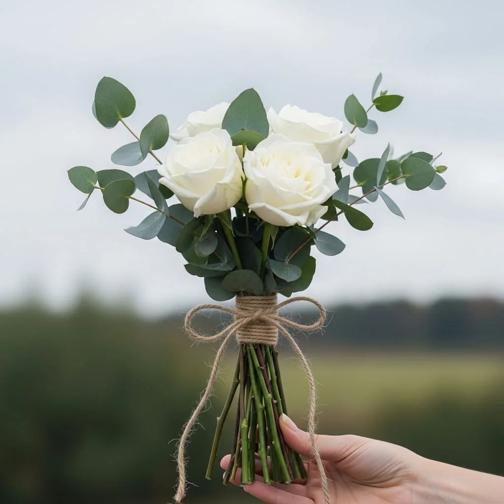 Minimalist white rose and silver eucalyptus zen bouquet tied with natural twine for elegant weddings