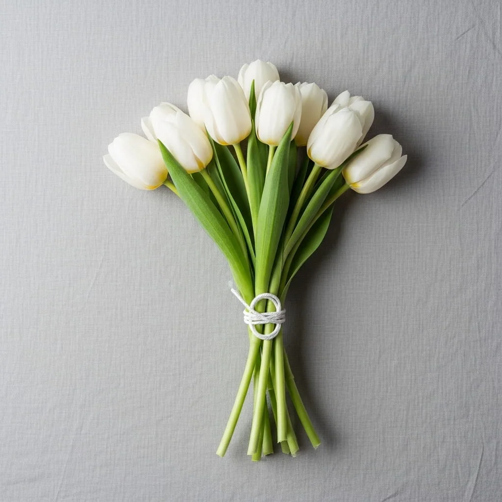 Minimalist white tulip zen bouquet with long bare stems tied with single white twine loop