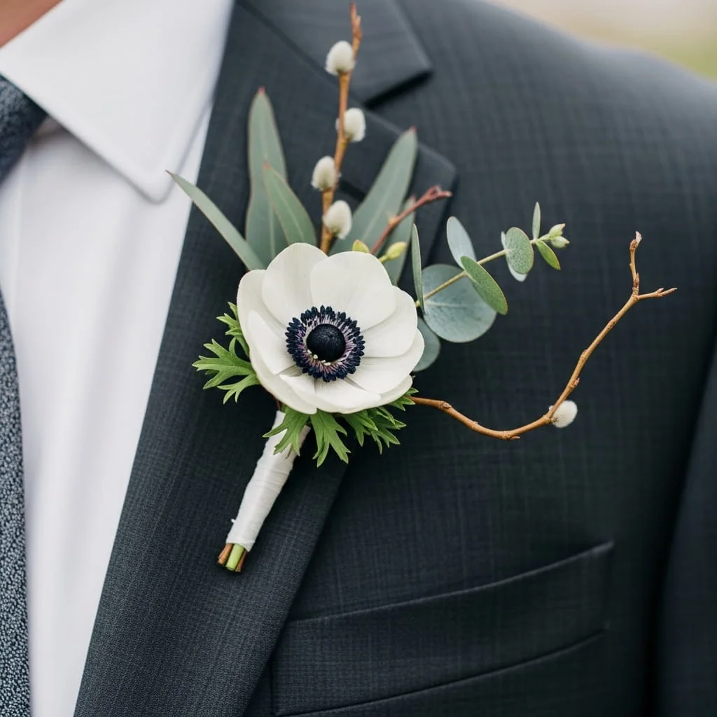 Modern minimalist zen boutonniere for groom with white anemone eucalyptus and willow twig on suit lapel