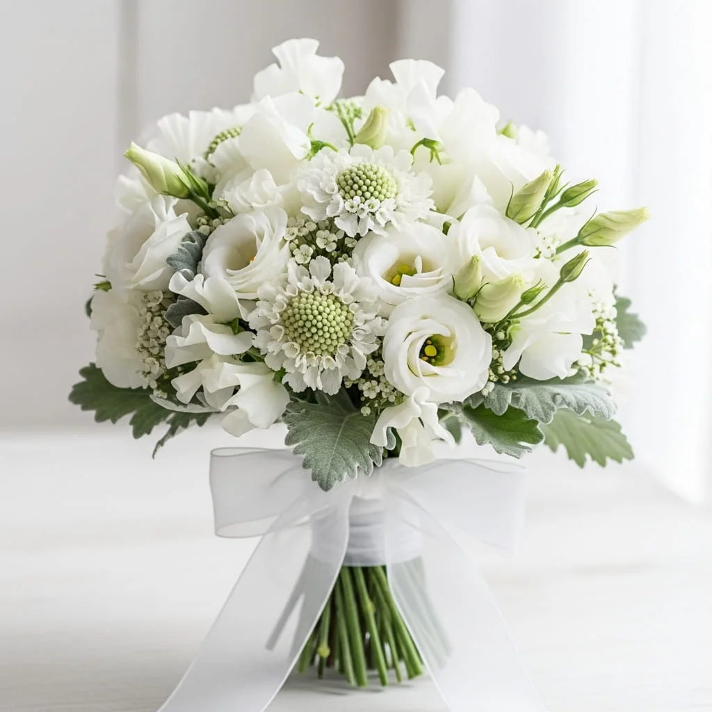Serene monochromatic all white zen bouquet with sweet peas lisianthus scabiosa and dusty miller