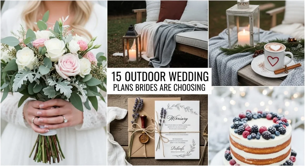 Collage of 15 outdoor wedding February plans from heated tents to desert ceremonies for winter celebrations