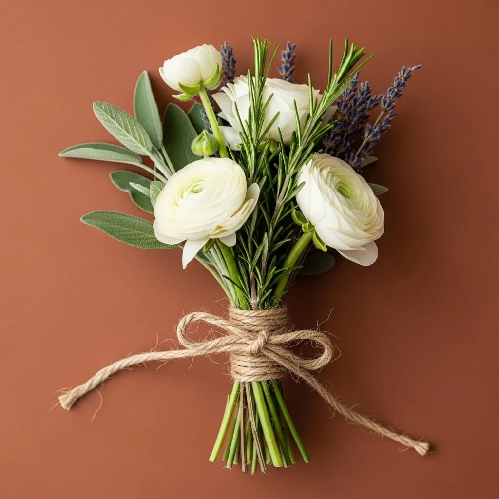 Fragrant sage and cream herb zen bouquet with ranunculus rosemary and dried lavender for rustic weddings