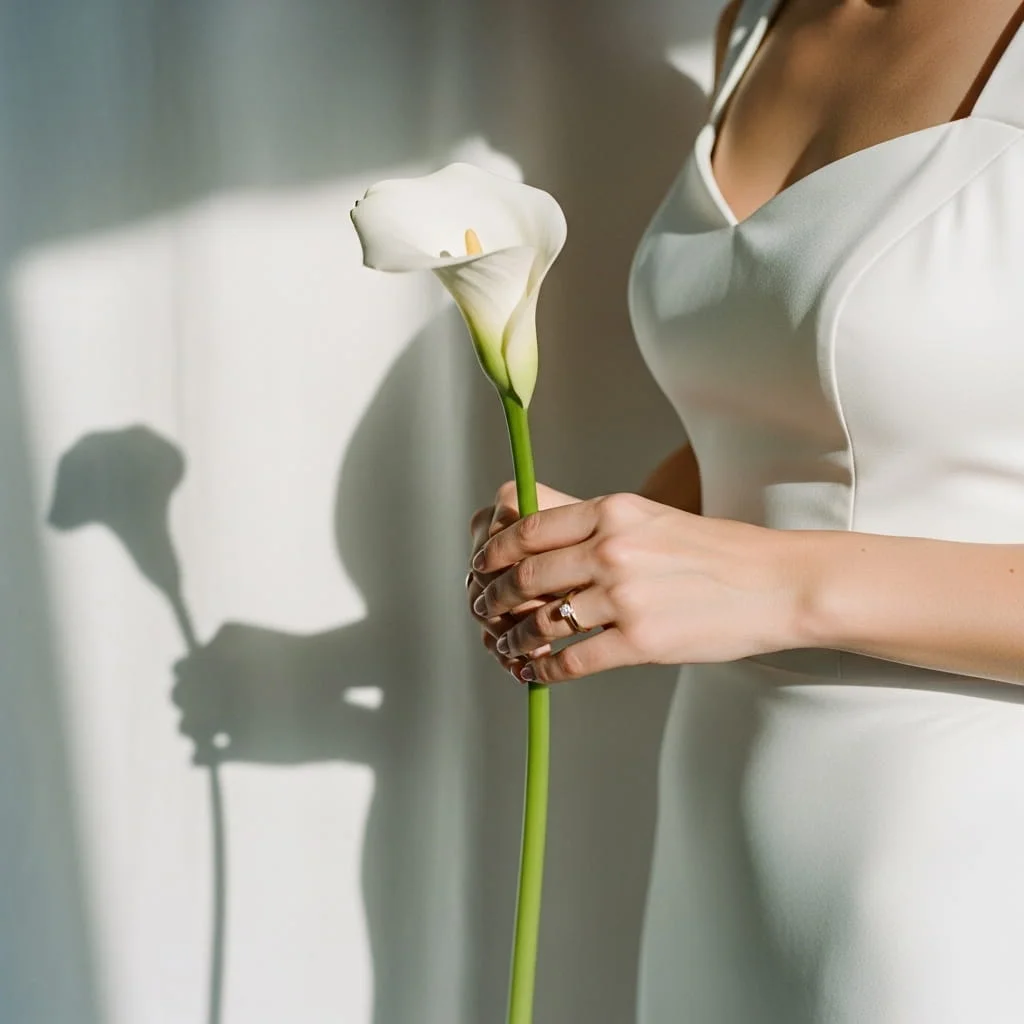 Single stem white calla lily zen bouquet for minimalist modern wedding brides