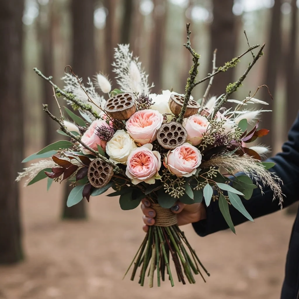 Wabi-sabi inspired imperfect zen bridal bouquet with garden roses asymmetric seed pods and natural branches