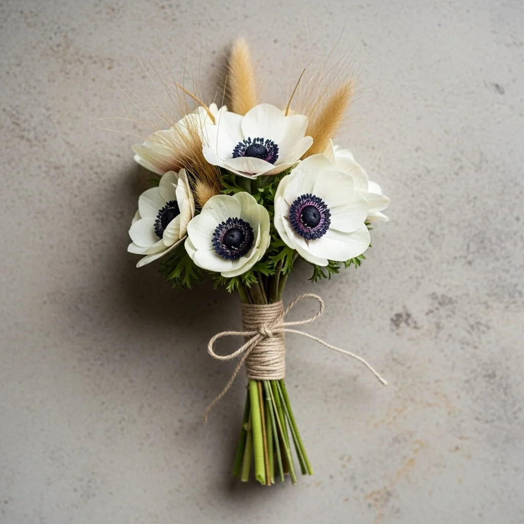 White anemone and dried grass zen bouquet tied with raw linen twine for modern weddings