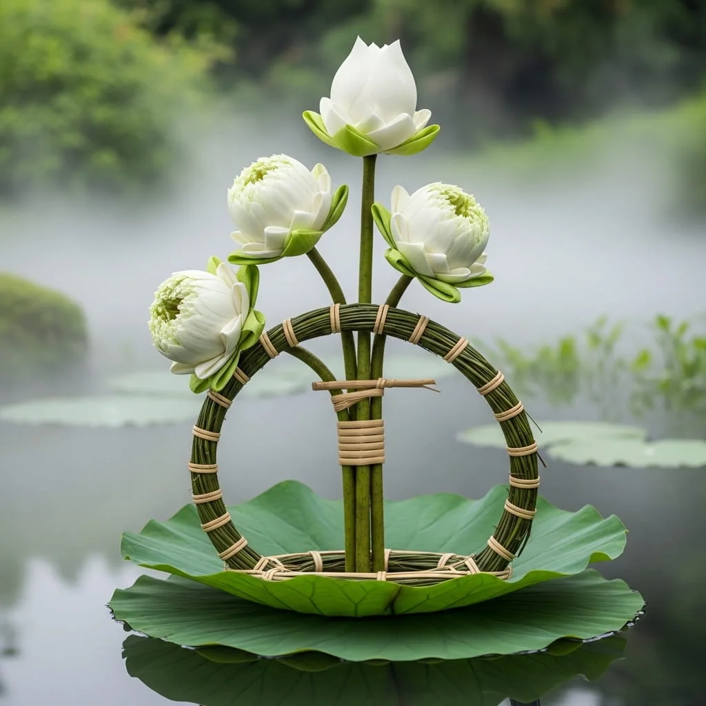 Serene white lotus and lily pad zen bridal bouquet with rattan binding for waterside ceremonies
