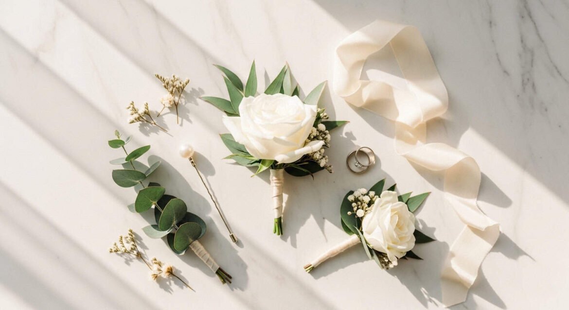 Elegant boutonniere wedding flat lay featuring white roses, eucalyptus, and pearl pins arranged on a marble surface with wedding rings and silk ribbon