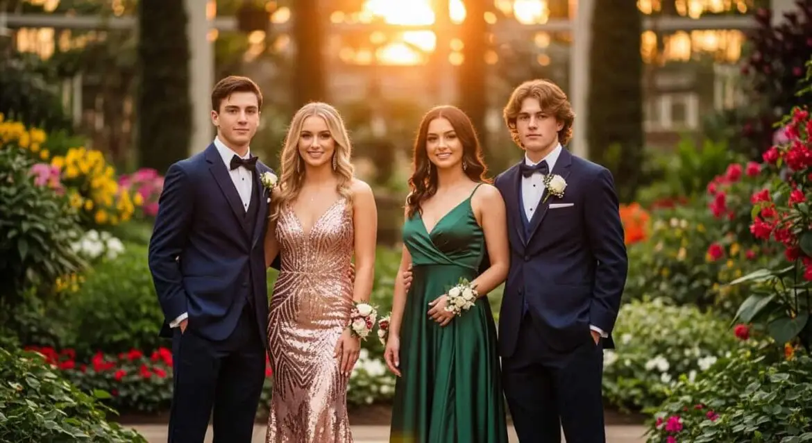 Stunning prom pictures of a couple and best friends posing together in formal attire at golden hour with a beautiful scenic backdrop
